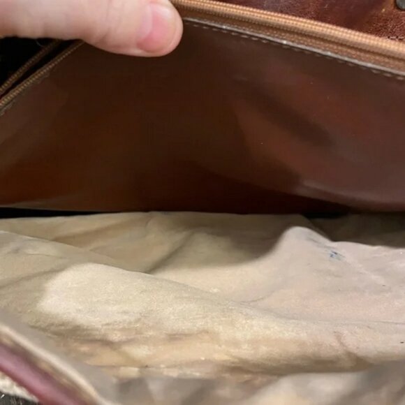 Vintage Brahmin Harbor khaki woven shoulder bag with brown leather trim handles - Picture 10 of 12